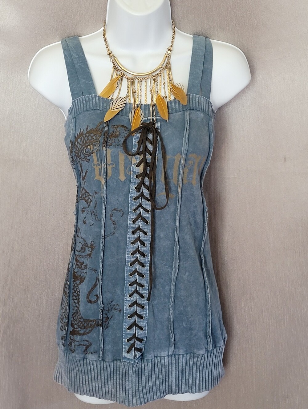 Sleeveless Lace-Up Dragon Print Tank Top - Blue